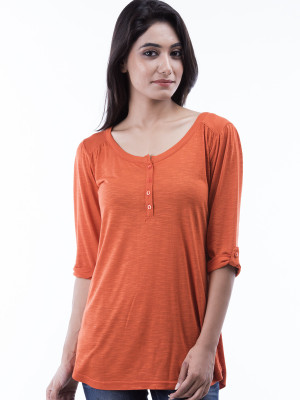 

Amadore Solid Women's Henley Orange T-Shirt