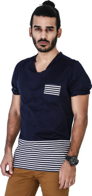

Mr Button Solid Men' V-neck Blue T-Shirt