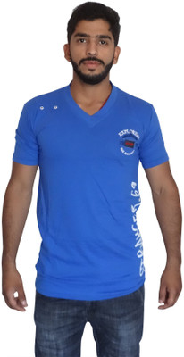 

Uniqe Solid Men's V-neck Blue T-Shirt