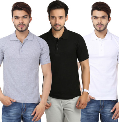 

Weardo Solid Men's Polo Neck Black, White, Grey T-Shirt(Pack of 3, Black;grey;white
