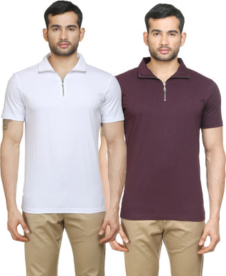 

Poshuis Solid Men' Polo Neck White, Maroon T-Shirt(Pack of 2, White and dark maroon