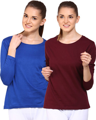 

Ap'pulse Solid Women's Round Neck Blue, Brown T-Shirt(Pack of 2), _rblu_mron