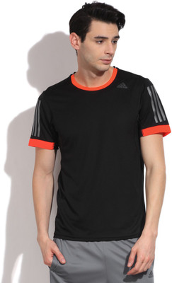 ADIDAS Solid Men's Round Neck Black T-Shirt, Black/solred