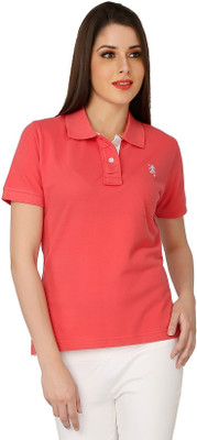 

The Cotton Company Solid Women' Polo Neck Pink T-Shirt, Fuschia