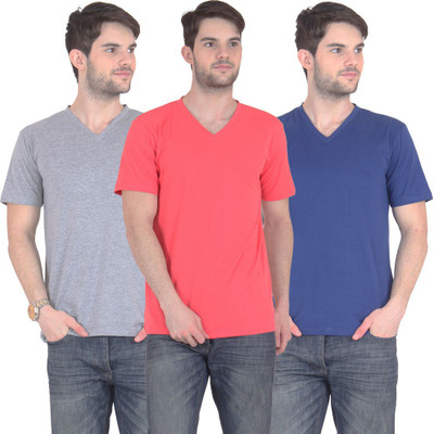 

E'Hiose Solid Men' V-neck Multicolor T-Shirt(Pack of 3, Blue;carrot;grey