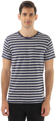 

London Fog Striped Men's Round Neck Grey, Blue T-Shirt, Light grey navy