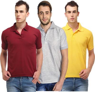 

Lime Solid Men's Polo Neck Maroon, Grey T-Shirt(Pack of 3)