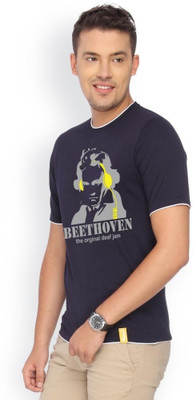 

Campus Sutra Printed Men Round Neck Blue T-Shirt