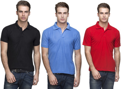 

Lambency Solid Men's Polo Neck Black, Light Blue, Red T-Shirt(Pack of 3
