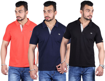 

Shineway Solid Men's Polo Neck Multicolor T-Shirt(Pack of 3, Black;light_red;navy