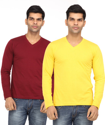 

Leana Solid Men's V-neck Maroon, Yellow T-Shirt(Pack of 2