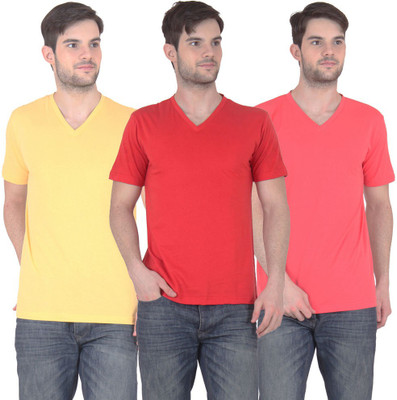 

FnMe Solid Men's V-neck Multicolor T-Shirt(Pack of 3, Carrot;red;yellow