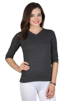 

SayItLoud Solid Women's V-neck Grey T-Shirt, Black melange