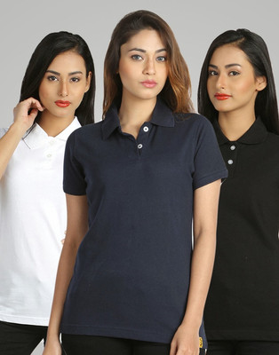 

Campus Sutra Solid Women's Polo Neck Black, Blue, White T-Shirt(Pack of 3)