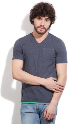 

Easies Solid Men's V-neck Blue T-Shirt, Anthra melange