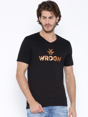 WROGN Printed Men V Neck Black T-Shirt