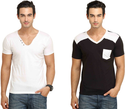Fio Solid Men' V-neck White, Black T-Shirt(Pack of 2, Black;white