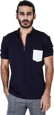 Mr Button Solid Men' Polo Neck Blue T-Shirt