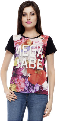 

Fugazee Lifestyle Floral Print Women's Round Neck Black T-Shirt, Multicoloured