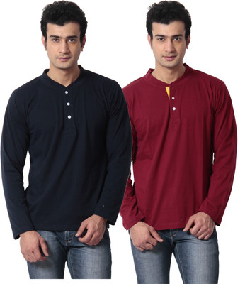 Leana Solid Men's Henley Multicolor T-Shirt(Pack of 2
