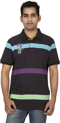 

Red Line Striped Men' Polo Neck Black T-Shirt, Black;blue