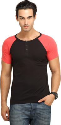 

Fio Solid Men' Henley Black, Pink T-Shirt