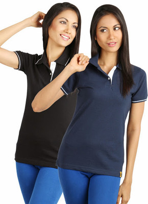 

Campus Sutra Solid Women's Polo Neck Blue, Grey T-Shirt(Pack of 2)