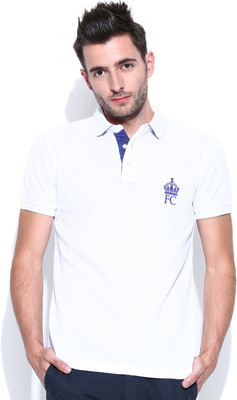 

French Connection Solid Men's Polo Neck White T-Shirt, White/fluro blue