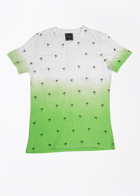 Flippd Printed Men's Henley White, Green T-Shirt, Mint