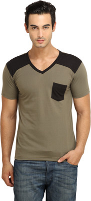 

Fio Solid Men' V-neck Brown, Black T-Shirt