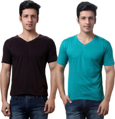 TeeMoods Solid Men's V-neck Brown, Green T-Shirt(Pack of 2), Brown;sea green
