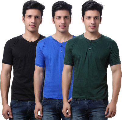 

TeeMoods Solid Men's Henley Black, Blue, Dark Green T-Shirt(Pack of 3), Black;bottle green;royal blue