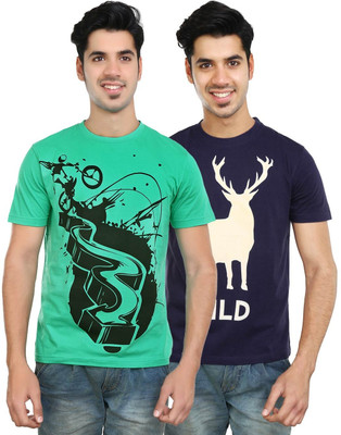 

Algotton Graphic Print Men's Round Neck Dark Blue, Green T-Shirt(Pack of 2