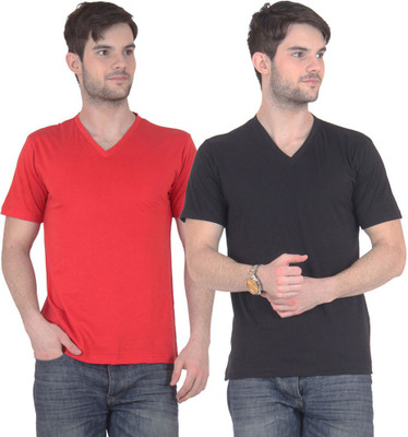 

FnMe Solid Men's V-neck Multicolor T-Shirt(Pack of 2, Black;red