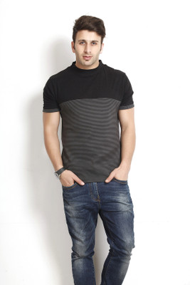 

Gritstones Striped Men's Round Neck Black, Grey T-Shirt