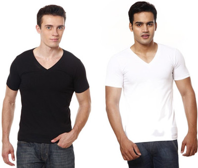 

Casual Tees Solid Men's V-neck Multicolor T-Shirt(Pack of 2, White black combo
