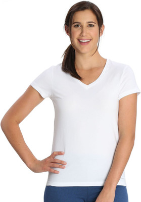 

Jockey Solid Women's V-neck White T-Shirt