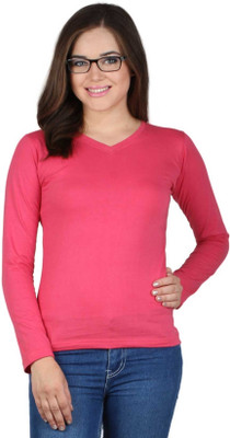 

SayItLoud Solid Women' V-neck Pink T-Shirt, Dark pink