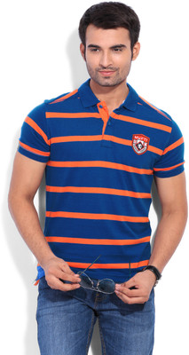 

Mufti Striped Men's Polo Neck Orange, Blue T-Shirt