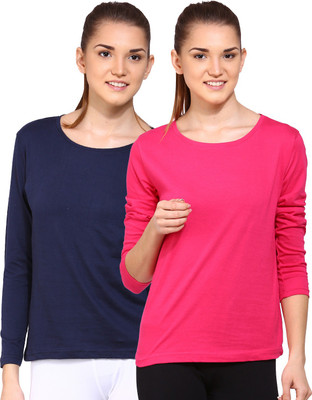 

Ap'pulse Solid Women Round Neck Pink, Blue T-Shirt(Pack of 2), _navy_dpnk