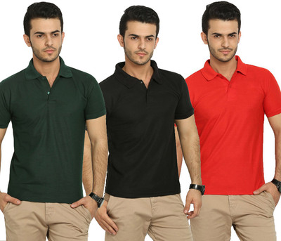 

Merlin Solid Men's Polo Neck Red, Green, Black T-Shirt(Pack of 3, Black;green;red