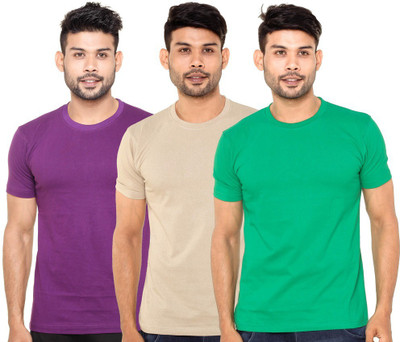 

FLEXIMAA Solid Men's Round Neck Purple, Beige, Green T-Shirt(Pack of 3, Beige;green;purple