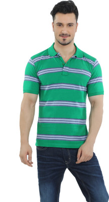 The Cotton Company Striped Men' Polo Neck Green T-Shirt, Green;grey