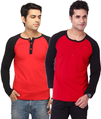 

Leana Solid Men's Henley Multicolor T-Shirt(Pack of 2, Red-red