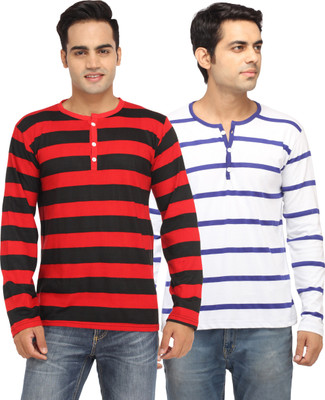 

Leana Striped Men's Fashion Neck Blue, Red T-Shirt(Pack of 2