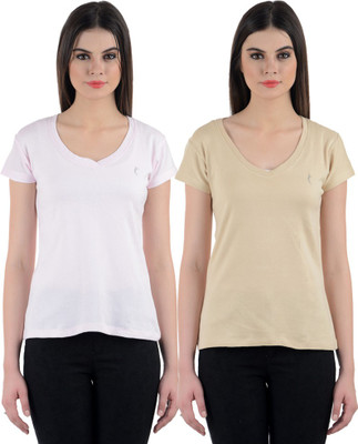 

Ultra Fit Solid Women's V-neck Multicolor T-Shirt(Pack of 2), Beige;pink