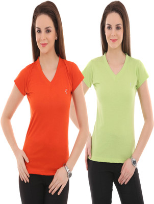 

Ultra Fit Solid Women's V-neck Orange, Green T-Shirt(Pack of 2), Orange;pgreen