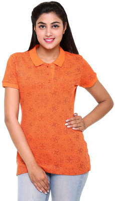 

Colors & Blends Floral Print Women's Polo Neck Orange T-Shirt