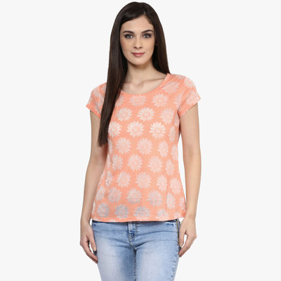 

Honey By Pantaloons Printed Women's Boat Neck Orange T-Shirt