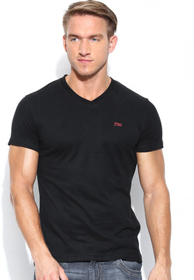 

John Players Solid Men's V-neck Black T-Shirt, 1a2